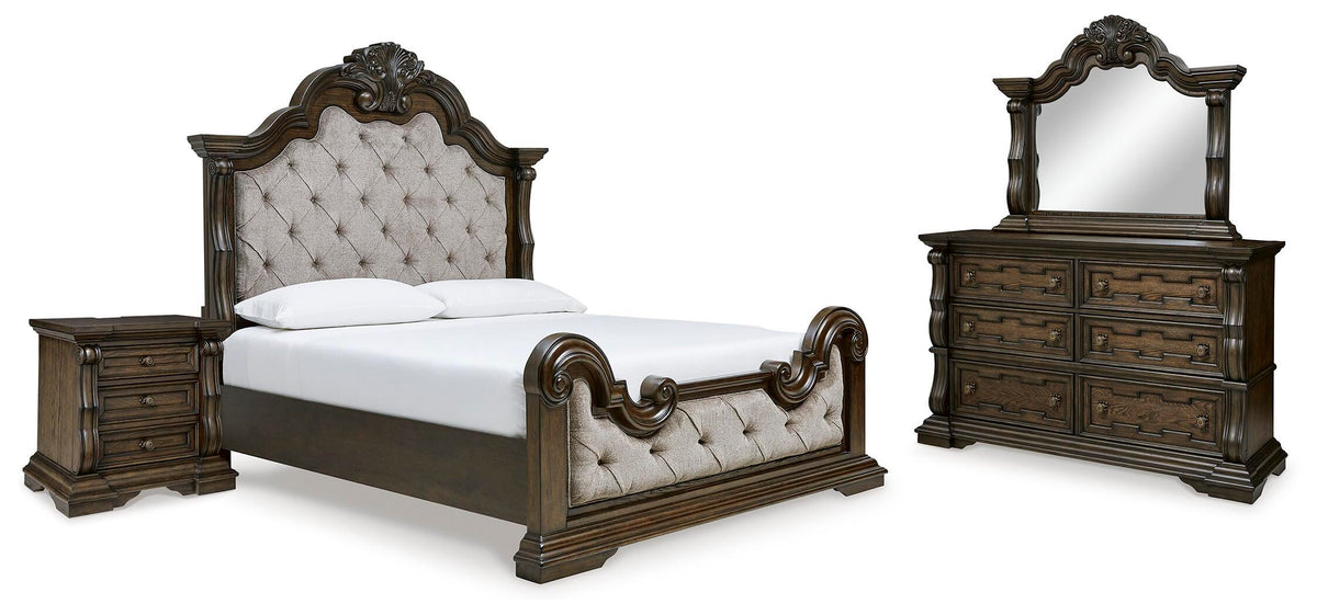 Maylee Upholstered Bed Set - Queen, Mirrored Dresser and Nightstand