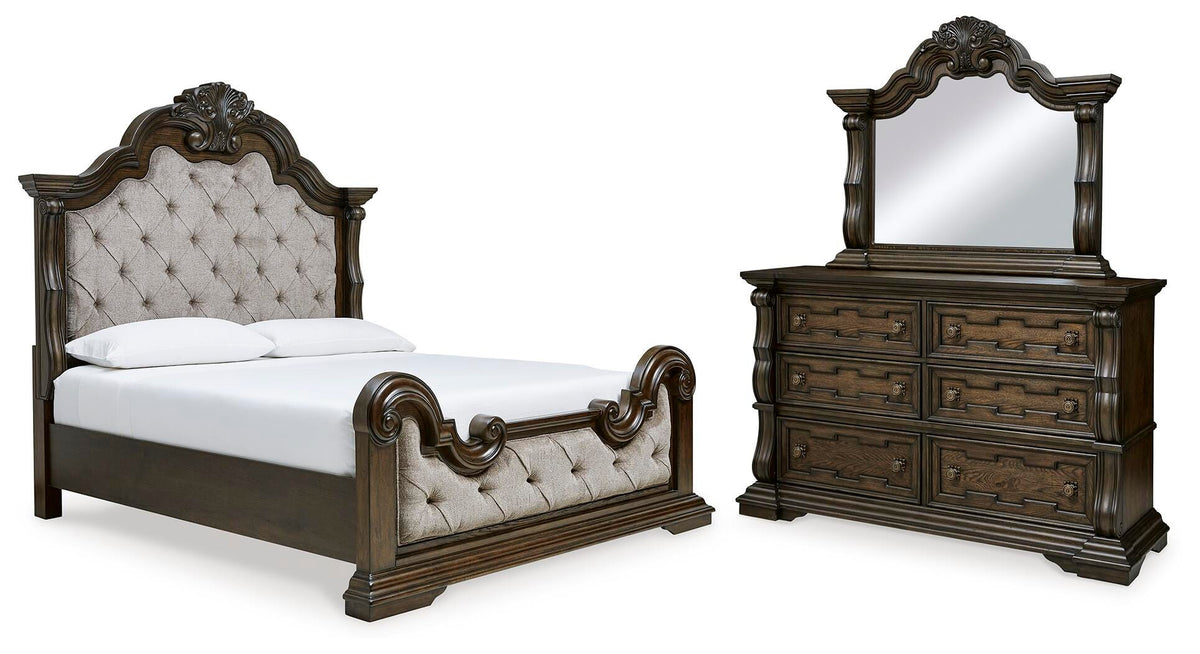 Maylee Upholstered Bed Set - California King, Mirrored Dresser