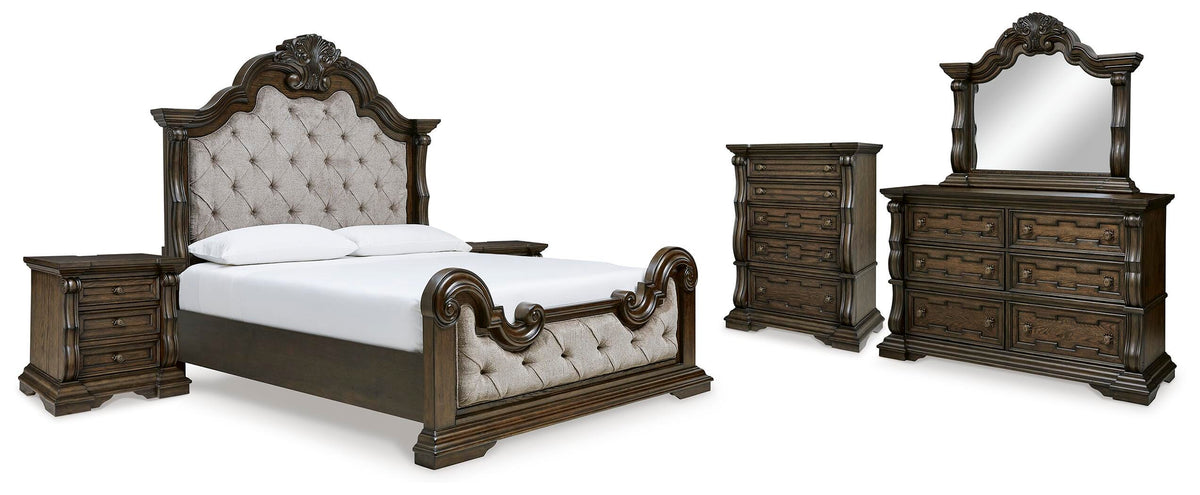 Maylee Upholstered Bed Set - King, Mirrored Dresser, Chest and 2 Nightstands