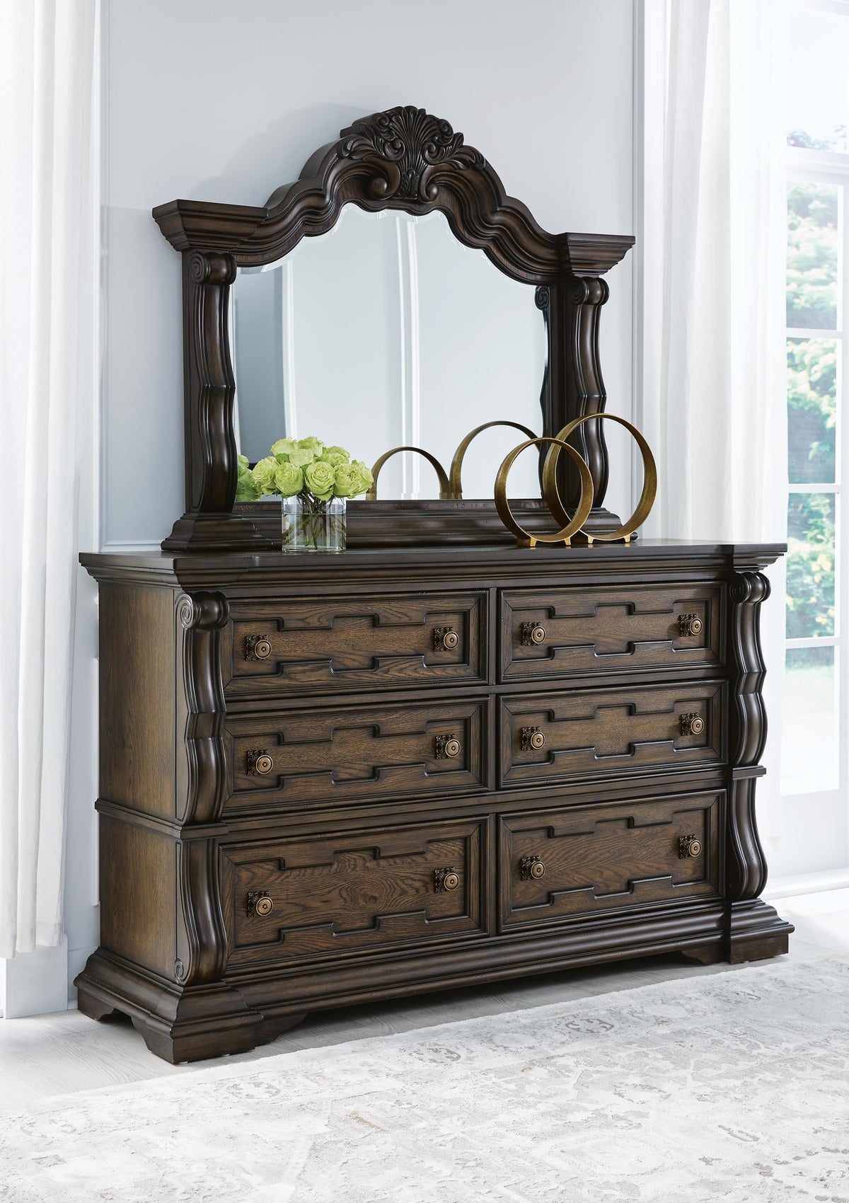 Maylee Queen Upholstered Panel Bed, Dresser, Mirror and Nightstand
