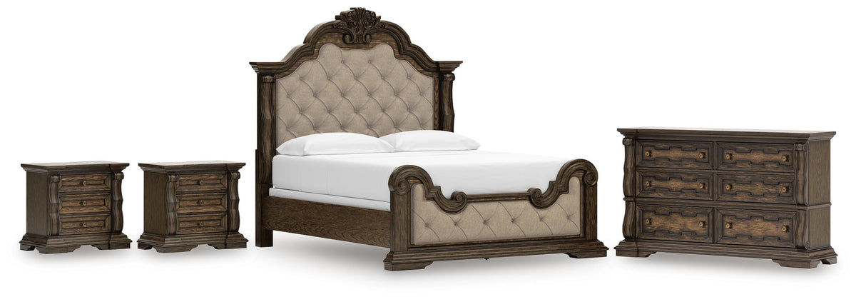 Maylee Upholstered Bed Set - California King, Dresser and 2 Nightstands