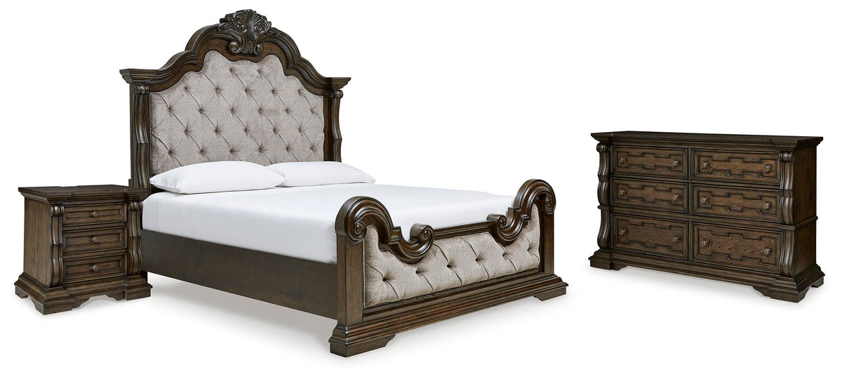 Maylee Upholstered Bed Set - King, Dresser and Nightstand