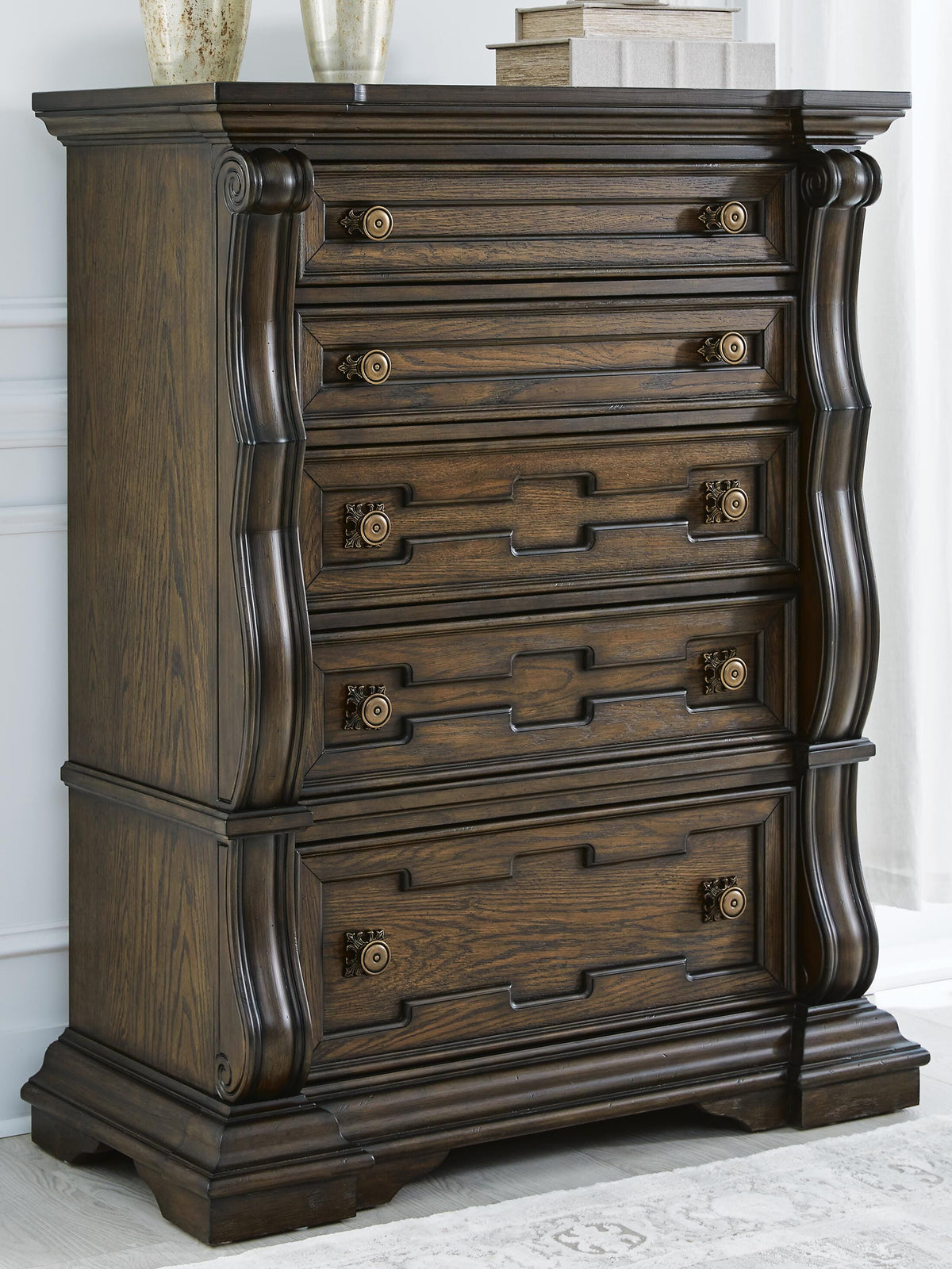 Maylee Queen Upholstered Bed, Dresser, Chest and Nightstand