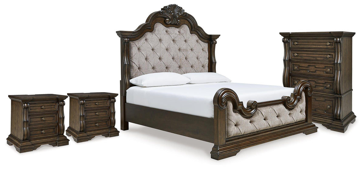 Maylee King Upholstered Panel Bed, Chest and 2 Nightstands