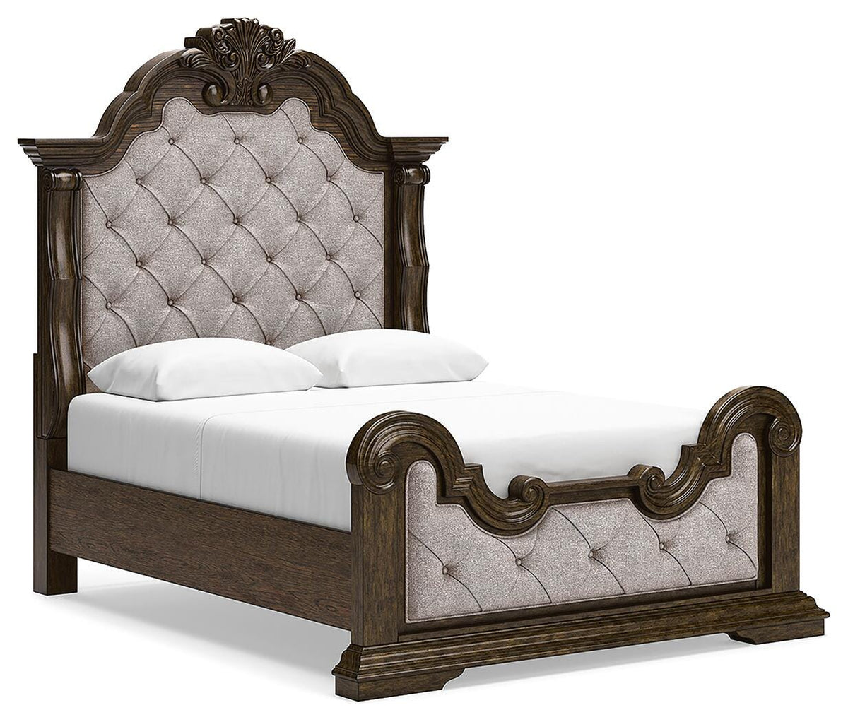 Maylee Queen Upholstered Panel Bed, Dresser, Mirror and Nightstand