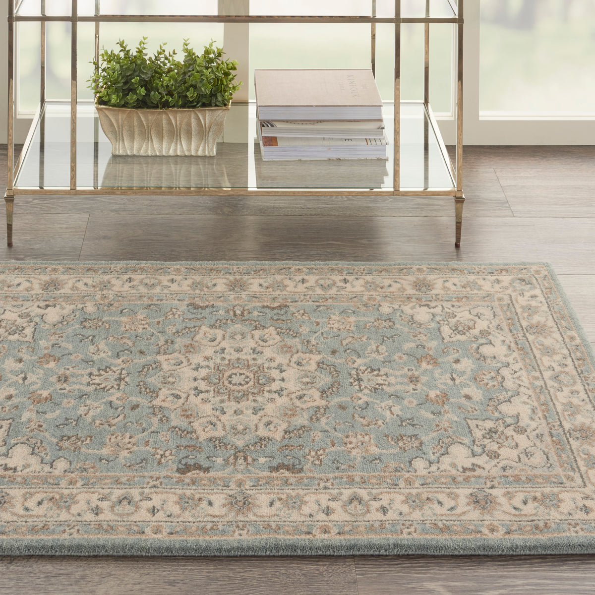 Living Treasures LI15 Aqua Ivory Rug - room scene