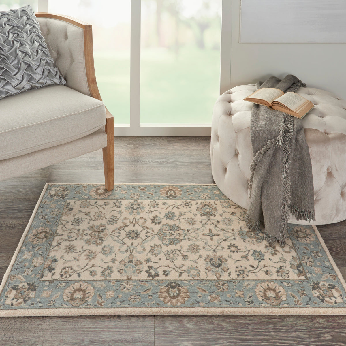 Living Treasures LI16 Ivory Aqua Rug - room scene