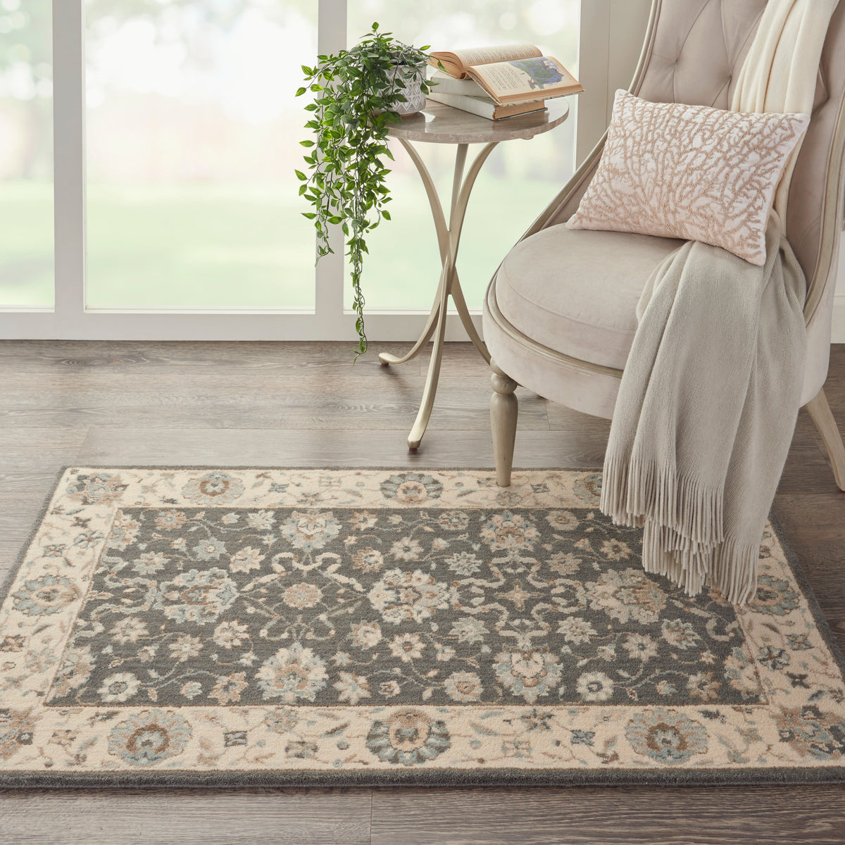 Living Treasures LI16 Grey Ivory Rug - room scene