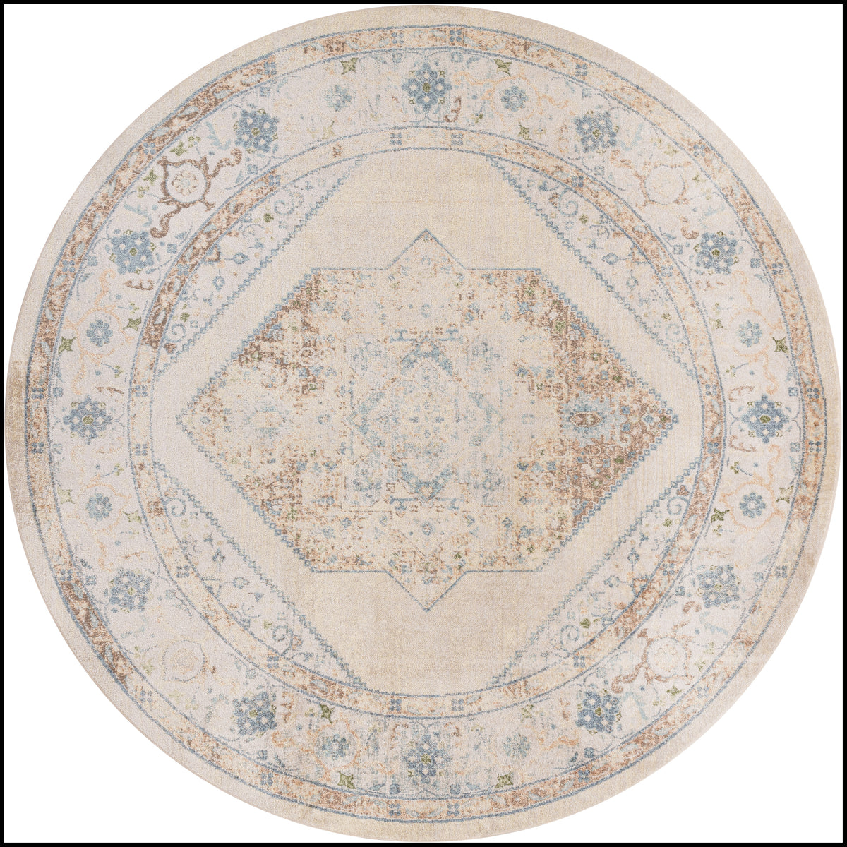 Astra Machine Washable ASW13 Ivory Blue Rug - Round